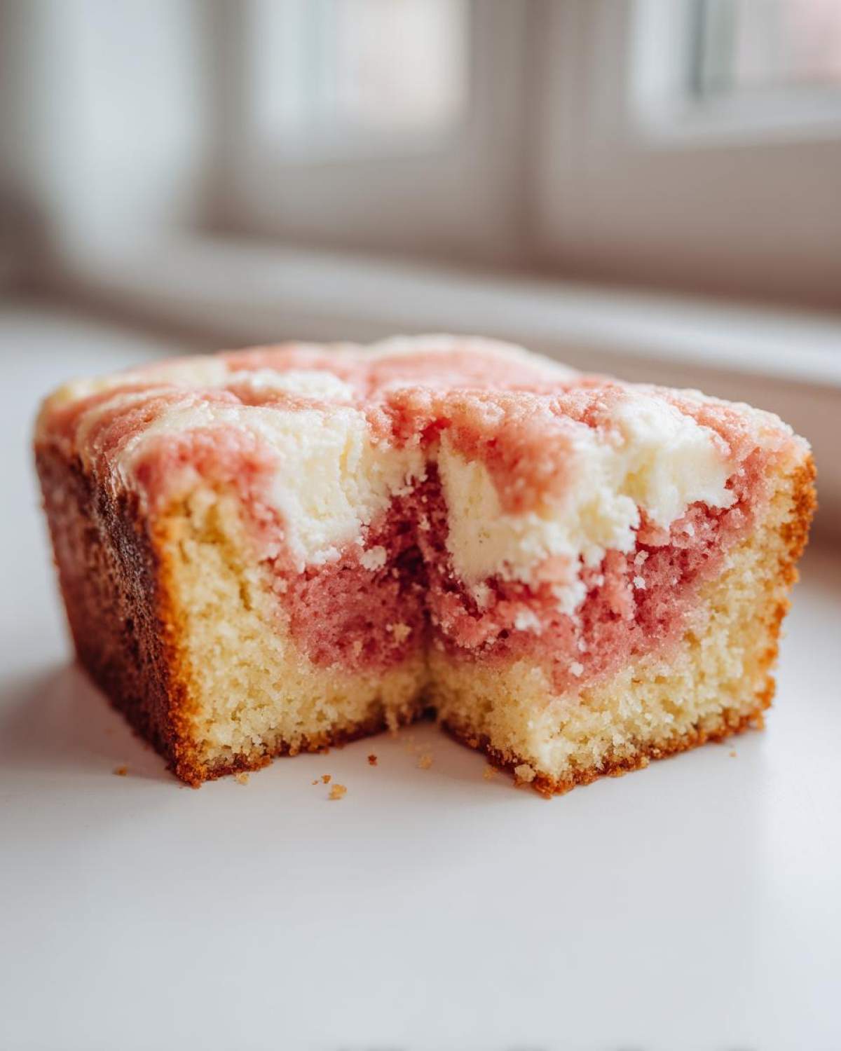 Close-up of a moist slice of Strawberry Earthquake Cake with cream cheese swirl showing pink and white marbling.