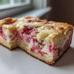 Close-up of a moist slice of Strawberry Earthquake Cake showing the rich pink strawberry swirls mixed with cream cheese batter.