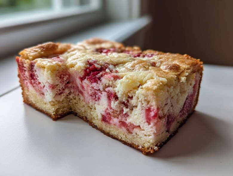 Close-up of a moist slice of Strawberry Earthquake Cake showing the rich pink strawberry swirls mixed with cream cheese batter.