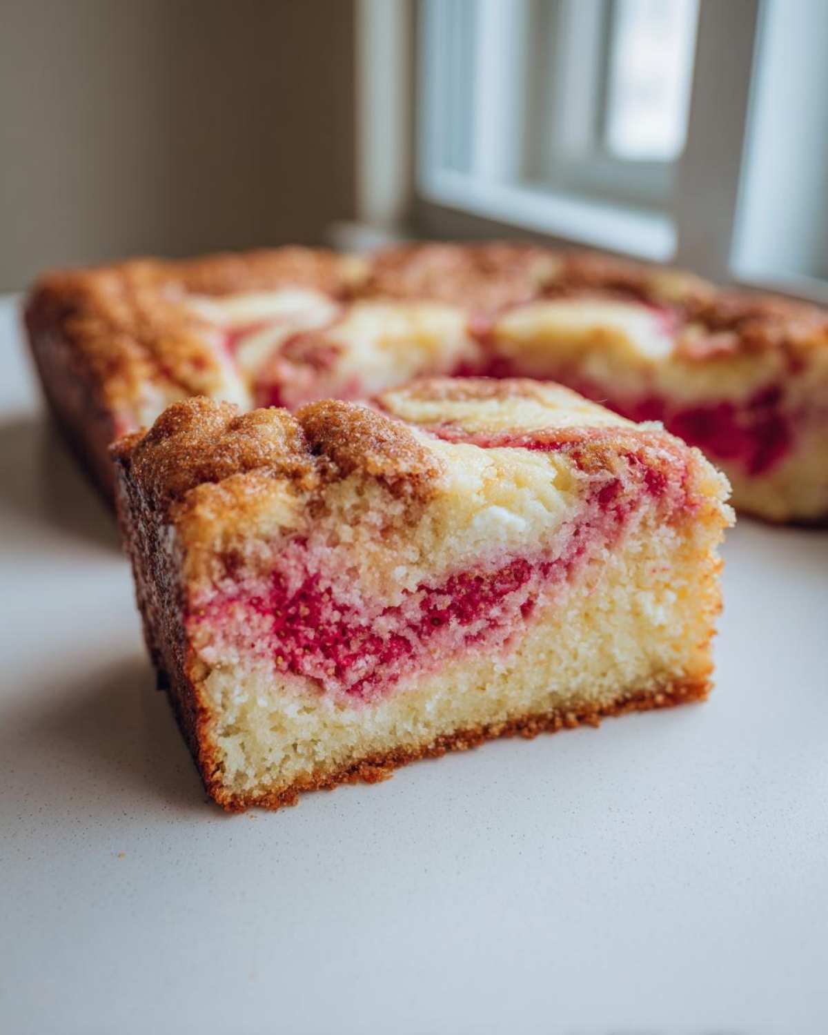 Close-up of a slice of Strawberry Earthquake Cake showing the moist cake base, bright pink strawberry filling, and cream cheese swirl.