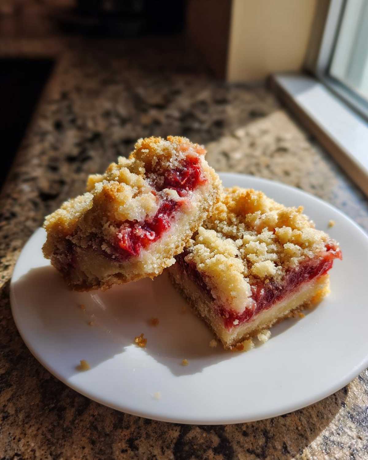 Two square Strawberry Shortcake Streusel Bars with a thick, crumbly topping and bright red fruit filling, served on a white plate.