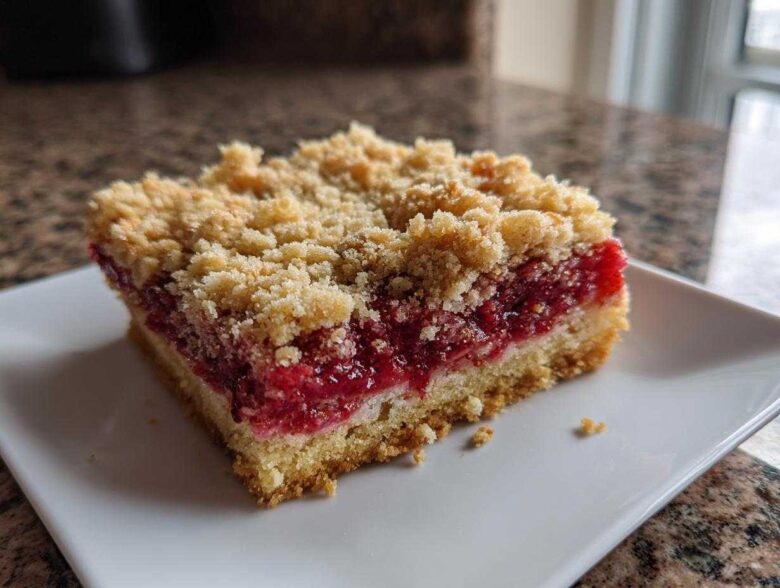 Close-up of a single serving of Strawberry Shortcake Streusel Bars showing a thick layer of bright red fruit filling and a crumbly streusel topping.