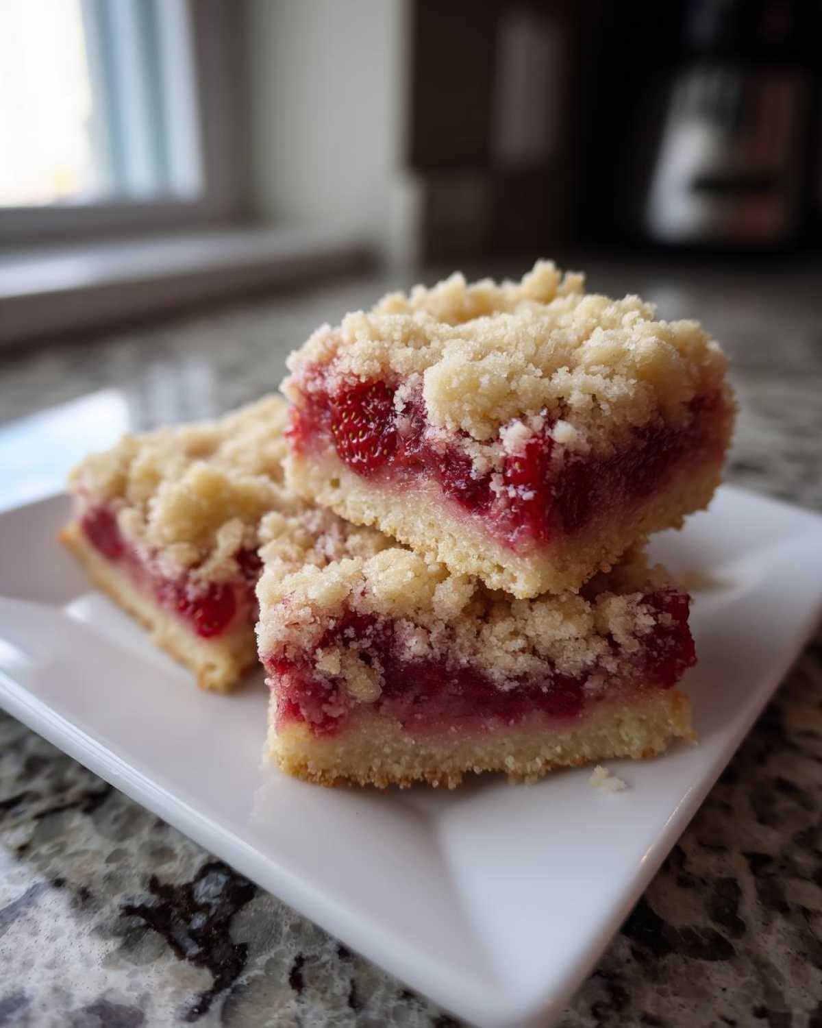 Three stacked squares of Strawberry Shortcake Streusel Bars showing a thick strawberry filling and crumbly topping.