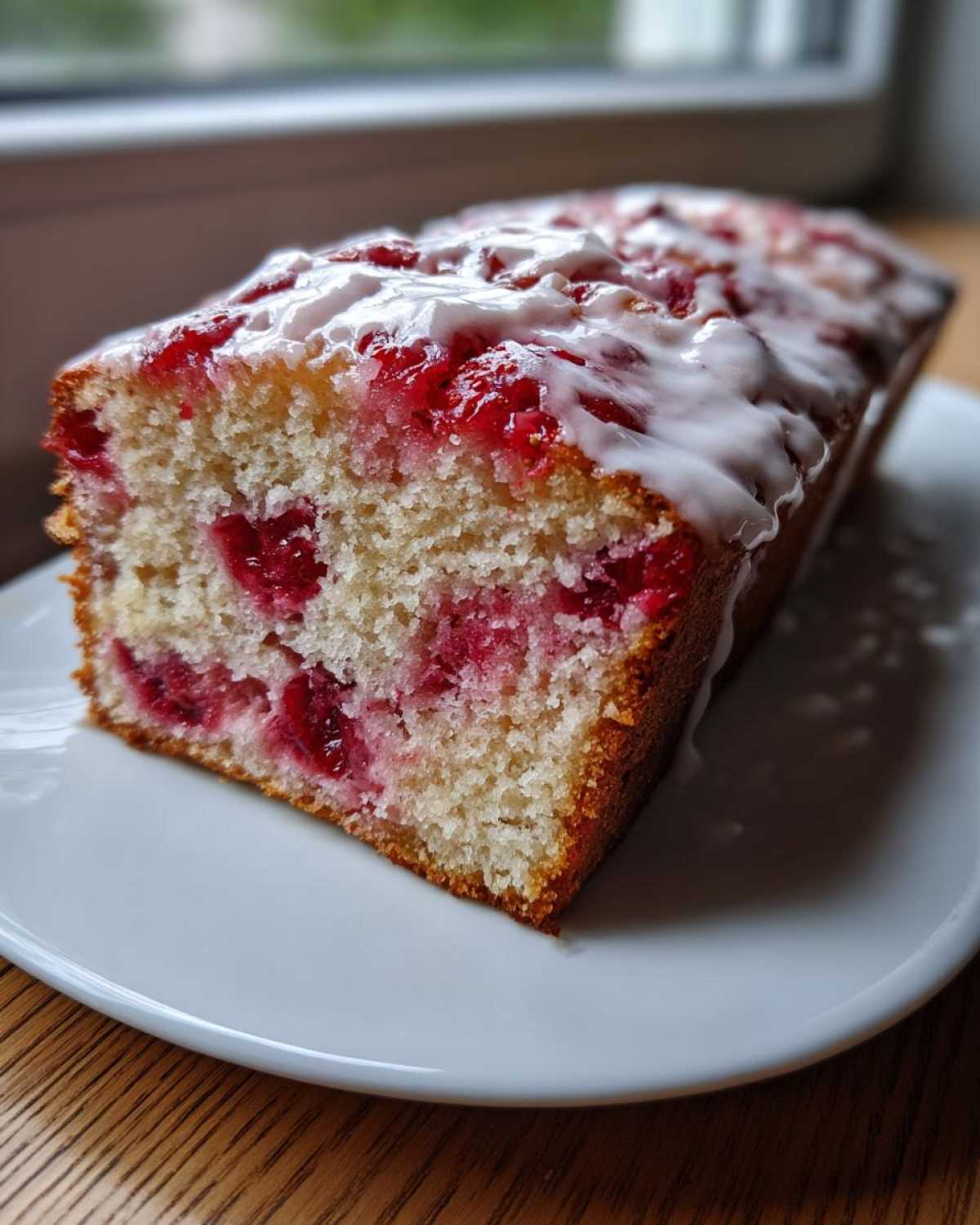 A slice of moist Strawberry Yogurt Cake featuring bright red fruit pieces and a white sugar glaze on top, served on a white plate.