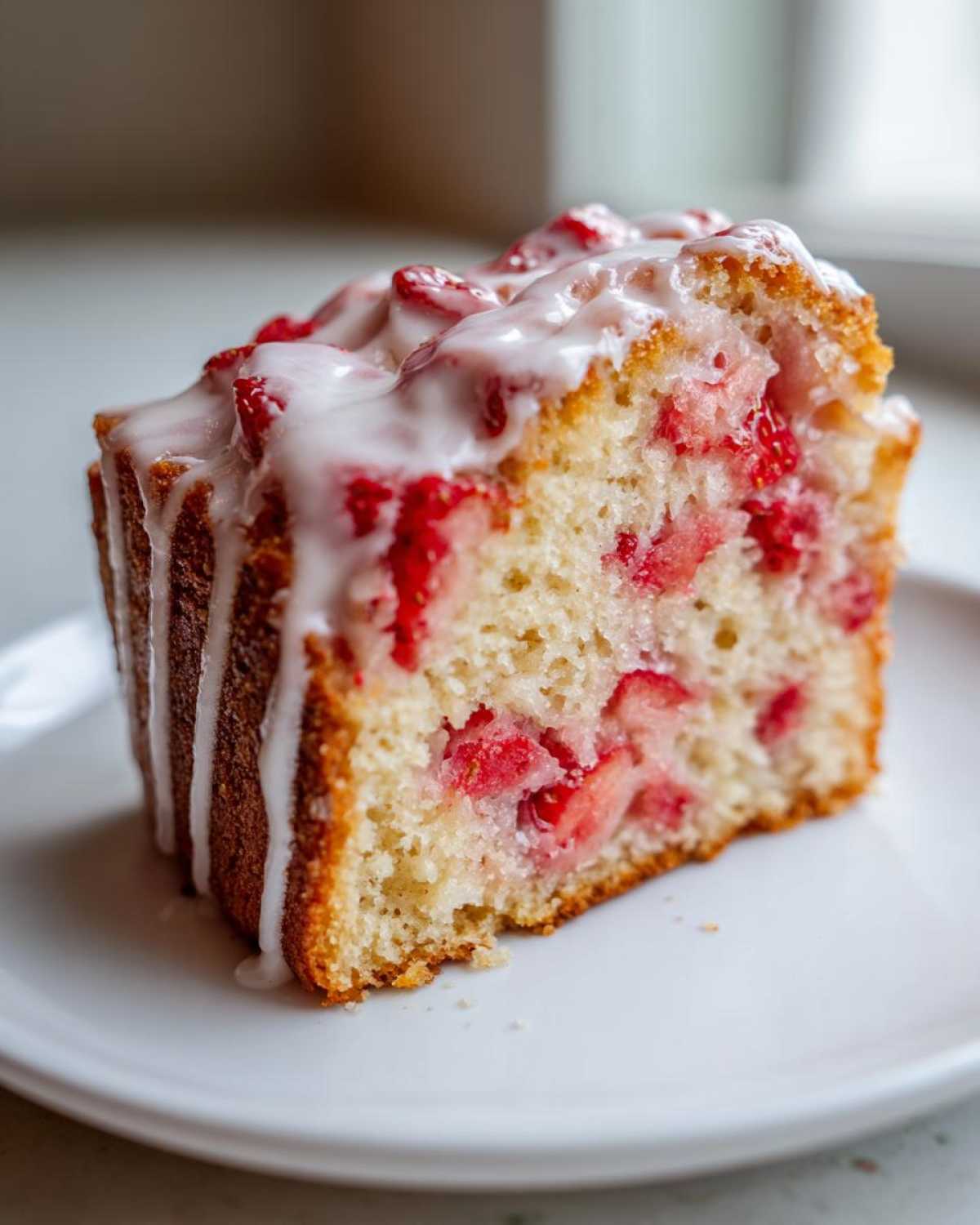 Close-up of a moist slice of Strawberry Yogurt Cake topped with a thick white glaze.