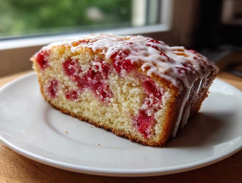 A close-up of a moist slice of Strawberry Yogurt Cake topped with a white vanilla glaze.