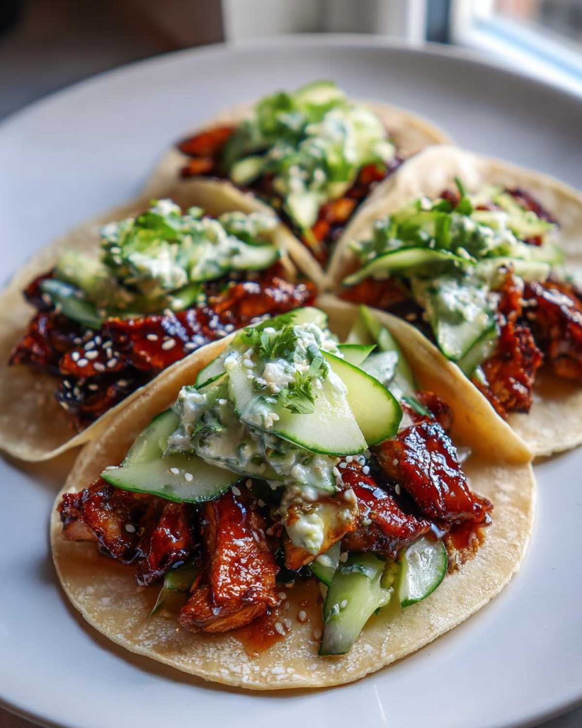 Close-up of four Teriyaki Chicken Tacos topped with creamy sesame cucumbers, fresh cilantro, and sesame seeds.