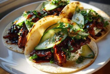 Four Teriyaki Chicken Tacos filled with glazed chicken, creamy sauce, fresh cucumber slices, and sesame seeds.
