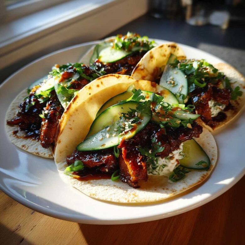 Four Teriyaki Chicken Tacos filled with glazed chicken, creamy sauce, fresh cucumber slices, and sesame seeds.