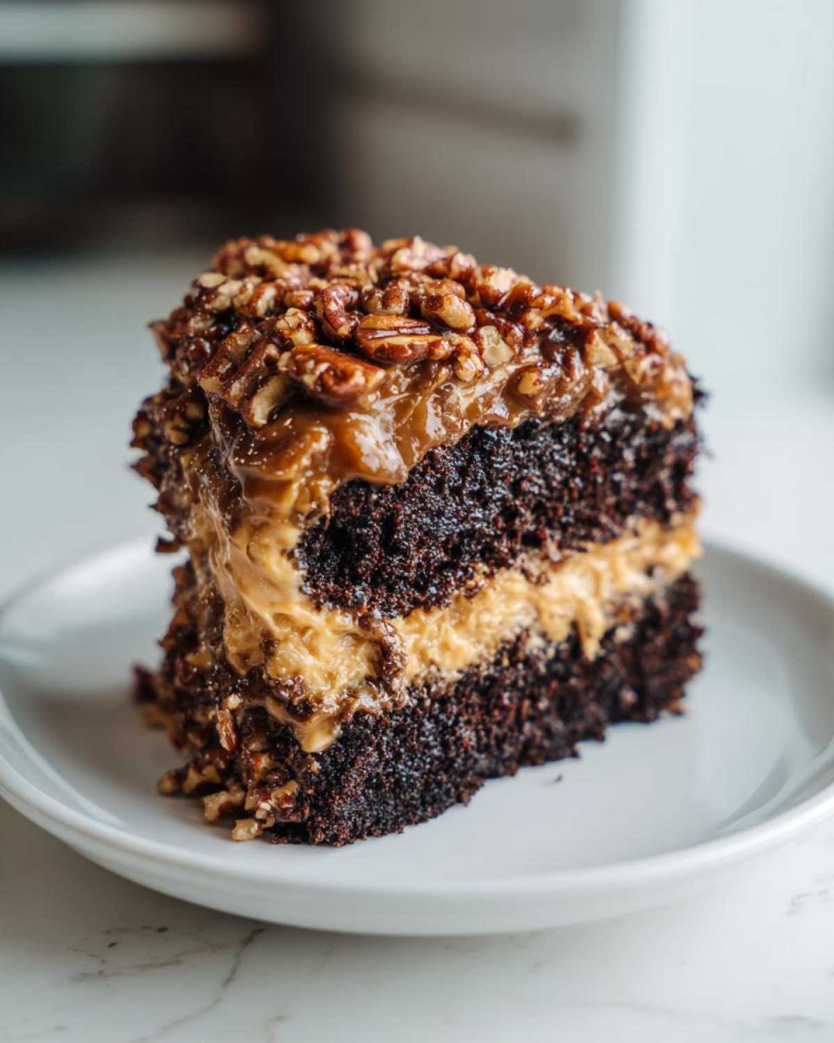 Close-up of a rich slice of Texas Tornado Cake featuring dark chocolate layers, caramel filling, and a pecan topping.