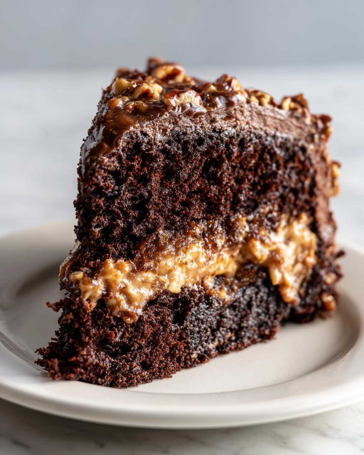 Close-up of a moist slice of Texas Tornado Cake showing dark chocolate layers and a gooey pecan filling.