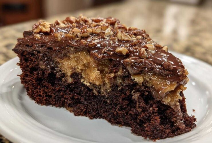 Close-up of a rich slice of Texas Tornado Cake showing dark chocolate cake, gooey filling, and chocolate frosting topped with chopped pecans.
