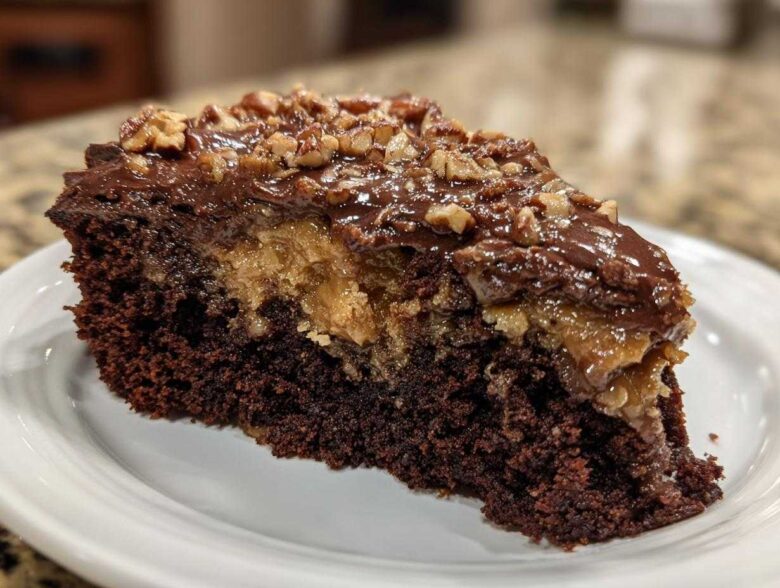 Close-up of a rich slice of Texas Tornado Cake showing dark chocolate cake, gooey filling, and chocolate frosting topped with chopped pecans.