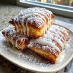 Three golden brown Vanilla French Beignets stacked on a white plate, drizzled with white vanilla glaze and dusted heavily with powdered sugar.