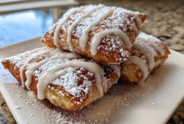 A stack of three golden-brown Vanilla French Beignets heavily dusted with powdered sugar and drizzled with vanilla glaze.