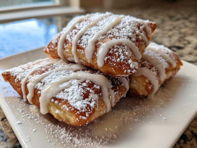 A stack of three golden-brown Vanilla French Beignets heavily dusted with powdered sugar and drizzled with vanilla glaze.