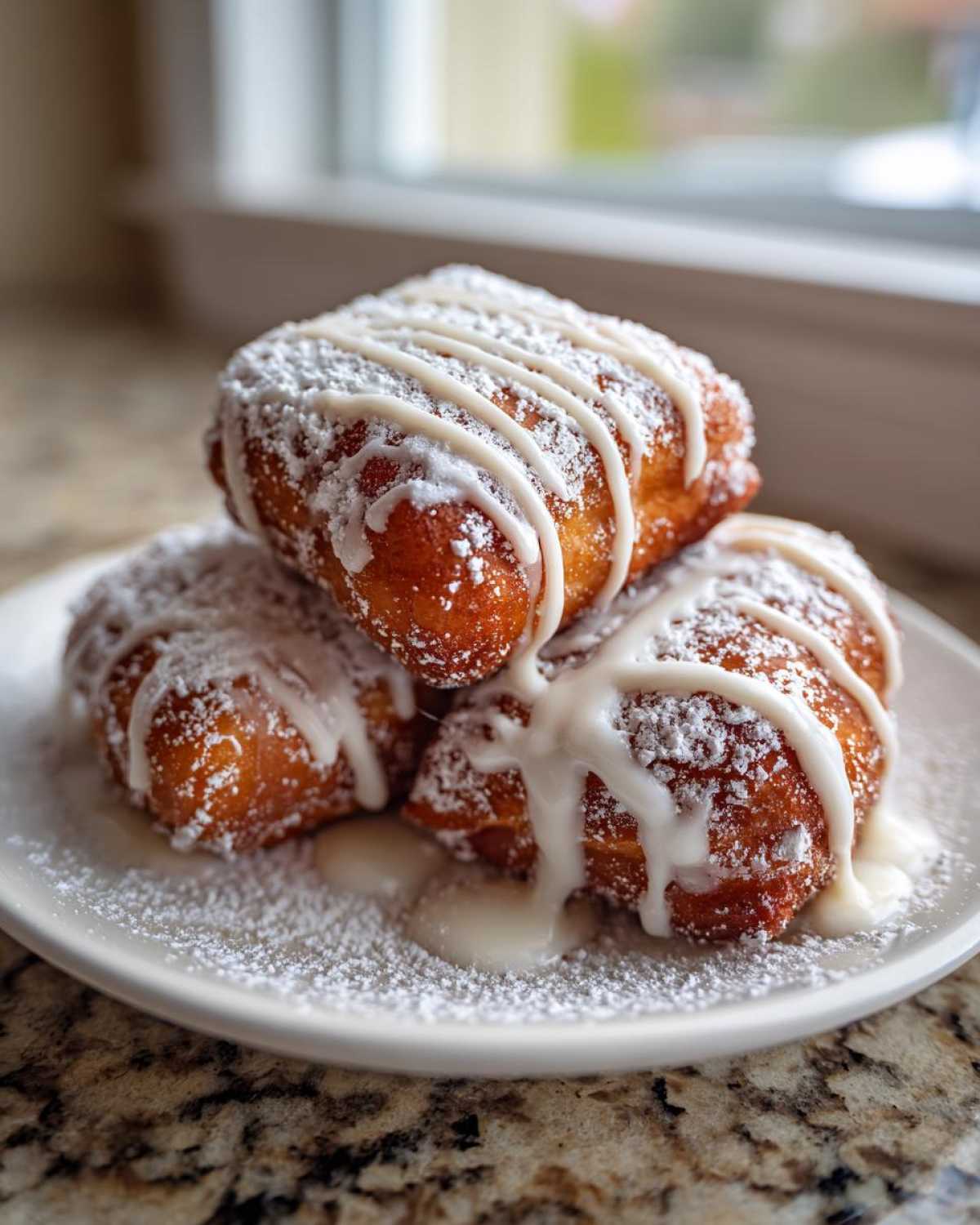 A stack of three golden brown Vanilla French Beignets dusted with powdered sugar and drizzled with white vanilla glaze.