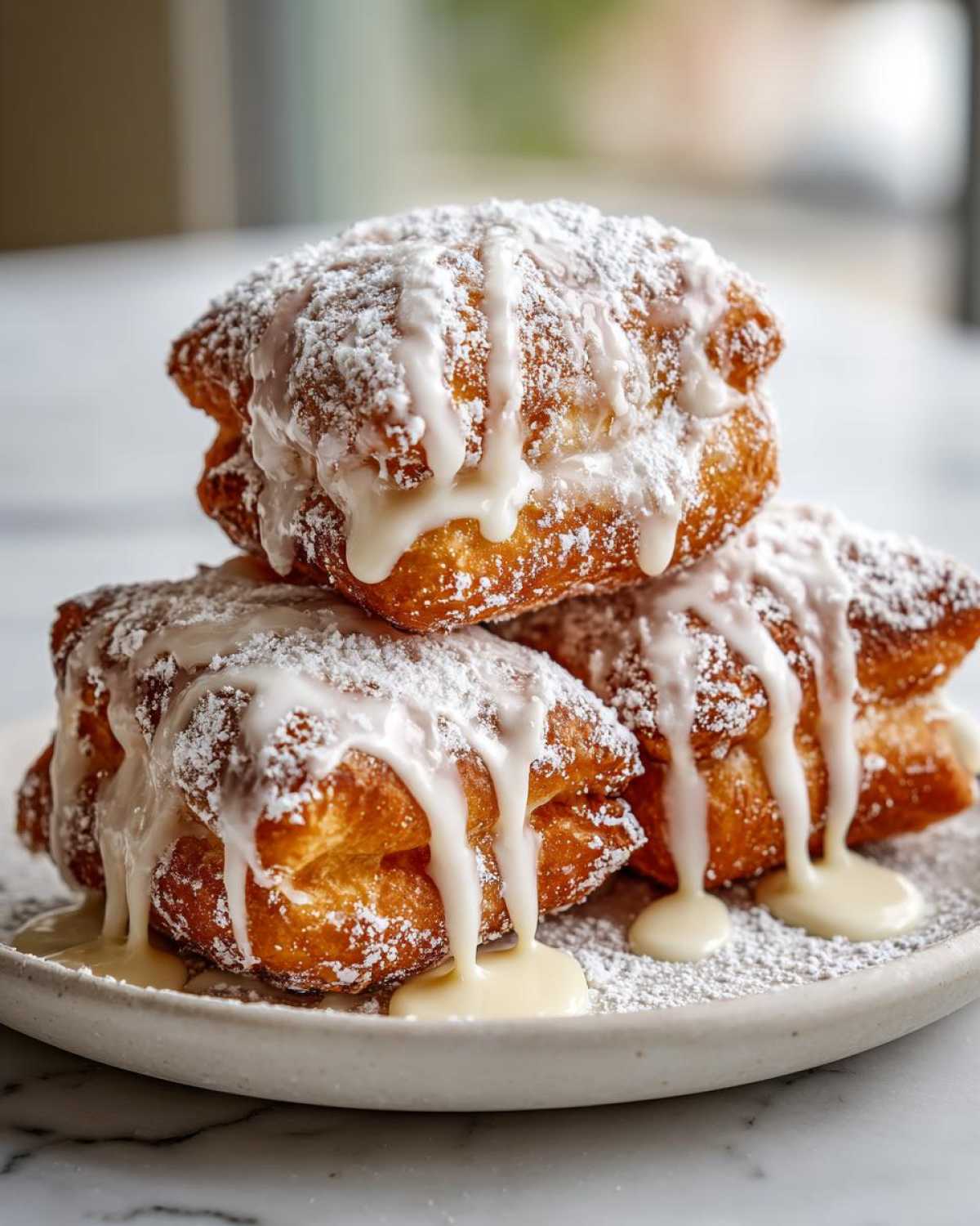 Three fluffy Vanilla French Beignets stacked on a plate, generously covered in powdered sugar and dripping with vanilla glaze.