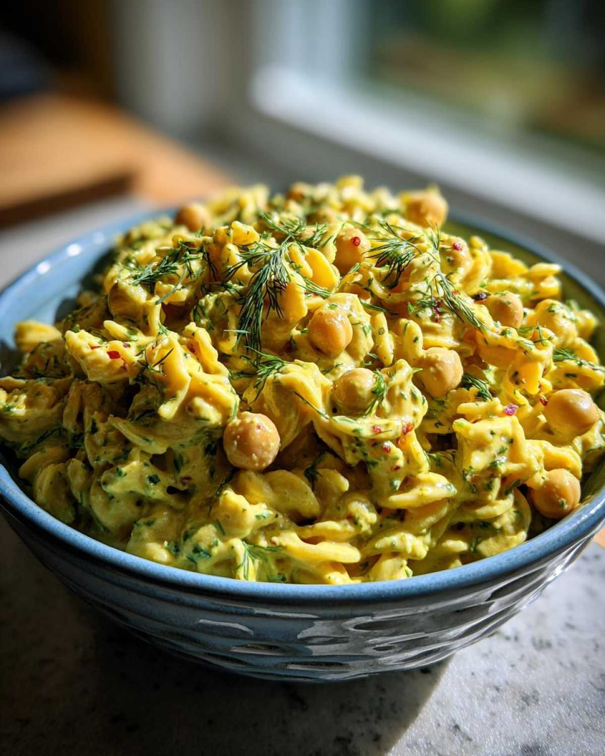 Close-up of Vegan Creamy Lemon Chickpea Pasta Salad coated in a yellow dressing, topped with fresh dill.