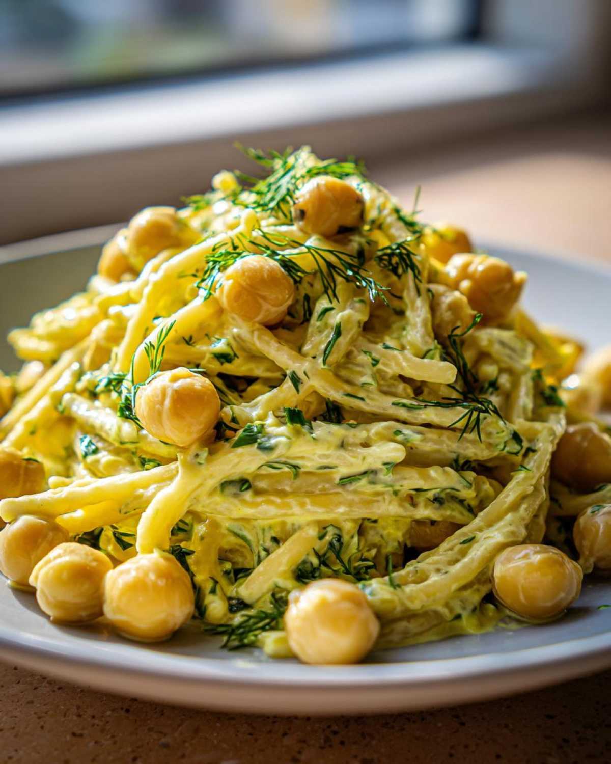 Close-up of Vegan Creamy Lemon Chickpea Pasta Salad coated in yellow sauce and topped with whole chickpeas and dill.