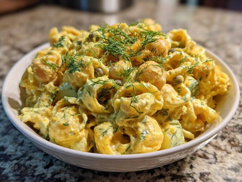 Close-up of Vegan Creamy Lemon Chickpea Pasta Salad with dill garnish in a white bowl.