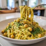 A fork lifts linguine coated in creamy lemon sauce, chickpeas, and dill from a bowl of Vegan Creamy Lemon Chickpea Pasta Salad.