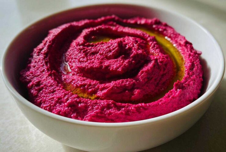 Close-up of vibrant magenta Vegan Creamy Roasted Beet Hummus swirled in a white bowl and drizzled with olive oil.