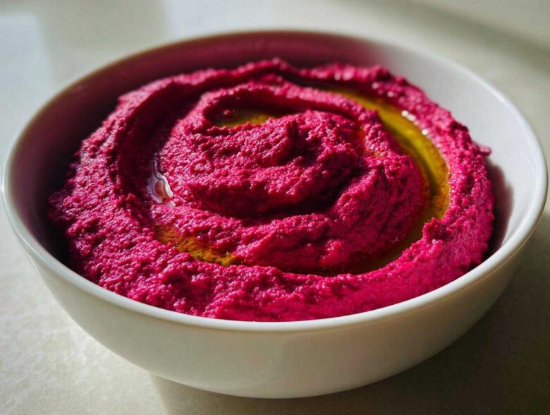 Close-up of vibrant magenta Vegan Creamy Roasted Beet Hummus swirled in a white bowl and drizzled with olive oil.
