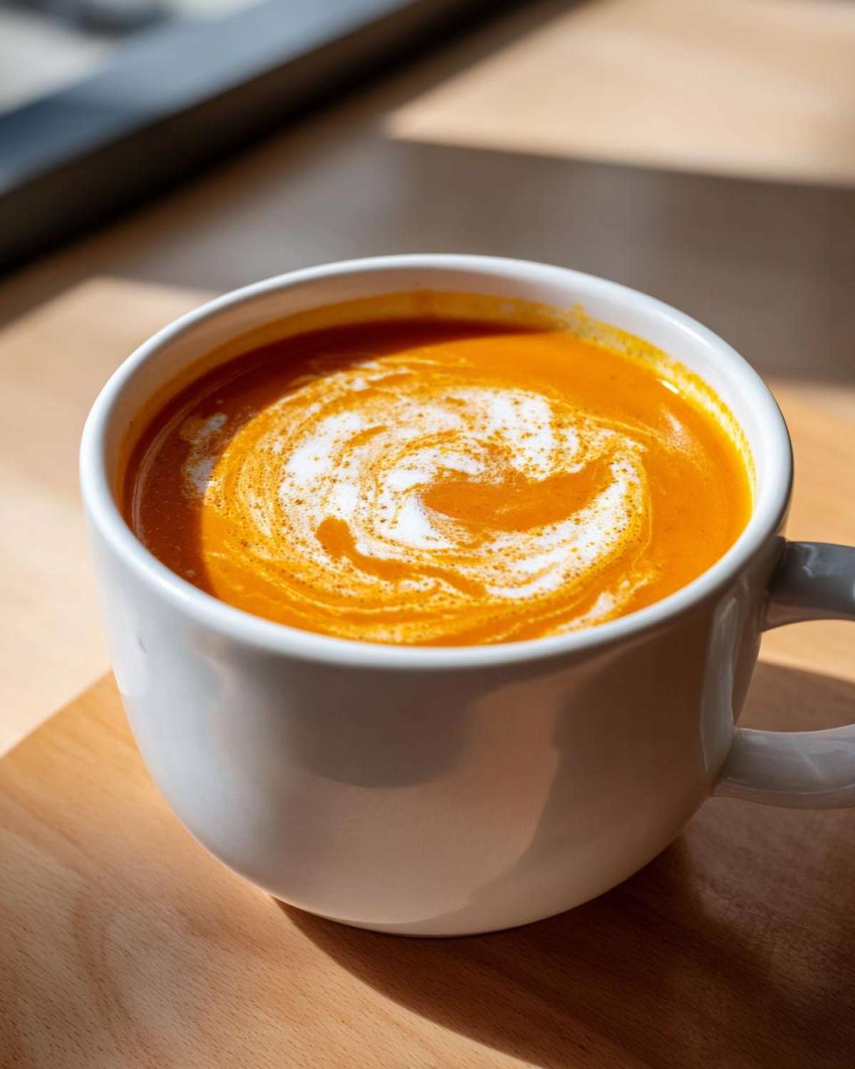 Close-up of bright orange Vegan Creamy Roasted Carrot Ginger Soup topped with a swirl of white cream and spices.