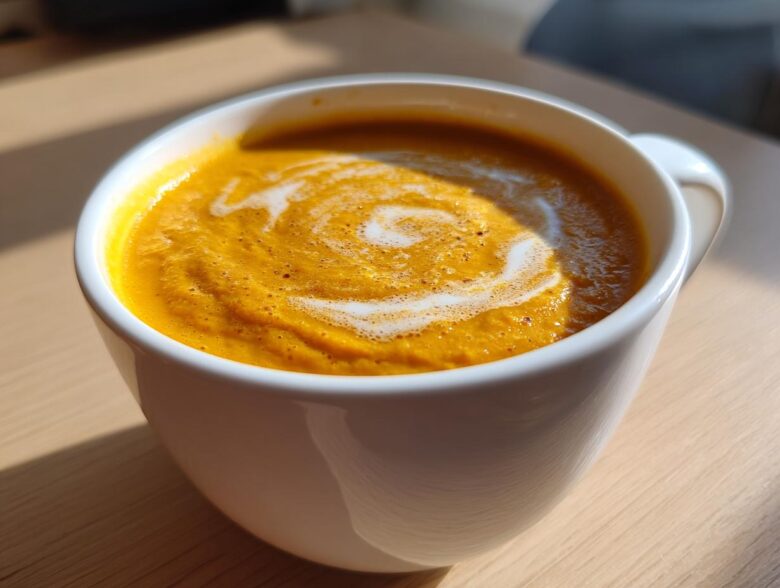 Close-up of a vibrant orange Vegan Creamy Roasted Carrot Ginger Soup topped with a swirl of white cream.