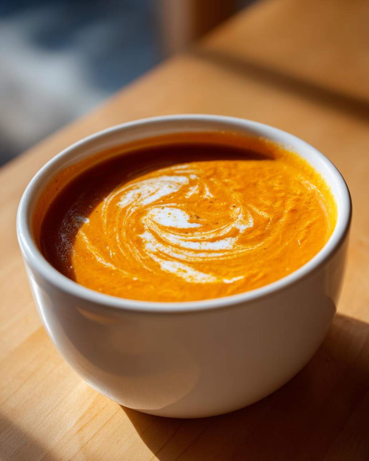 Close-up of a bowl of bright orange Vegan Creamy Roasted Carrot Ginger Soup with a swirl of white cream.