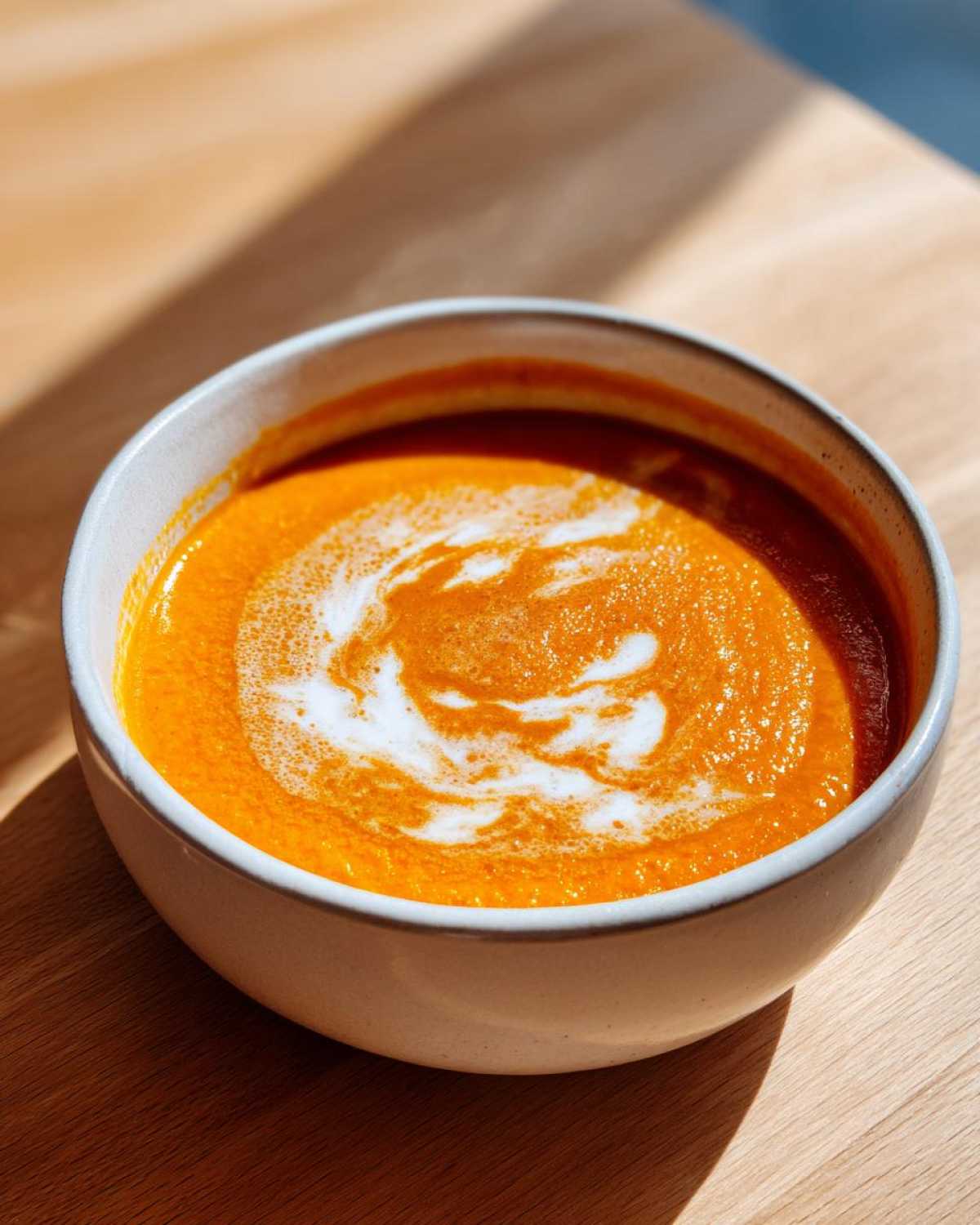 Close-up of bright orange Vegan Creamy Roasted Carrot Ginger Soup topped with a swirl of white coconut cream.
