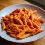 Close-up of penne pasta coated in a rich, orange Vegan Creamy Roasted Red Pepper Hummus Pasta sauce.