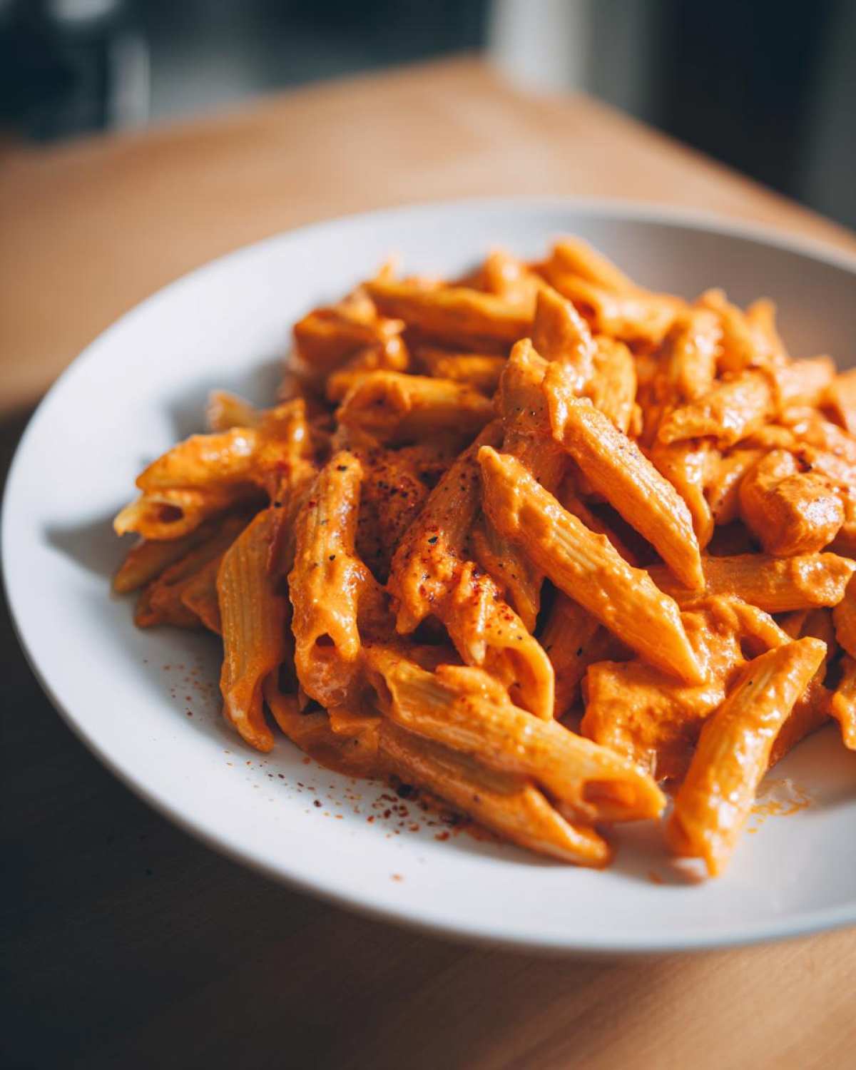 Close-up of a white bowl filled with Vegan Creamy Roasted Red Pepper Hummus Pasta, garnished with spices.