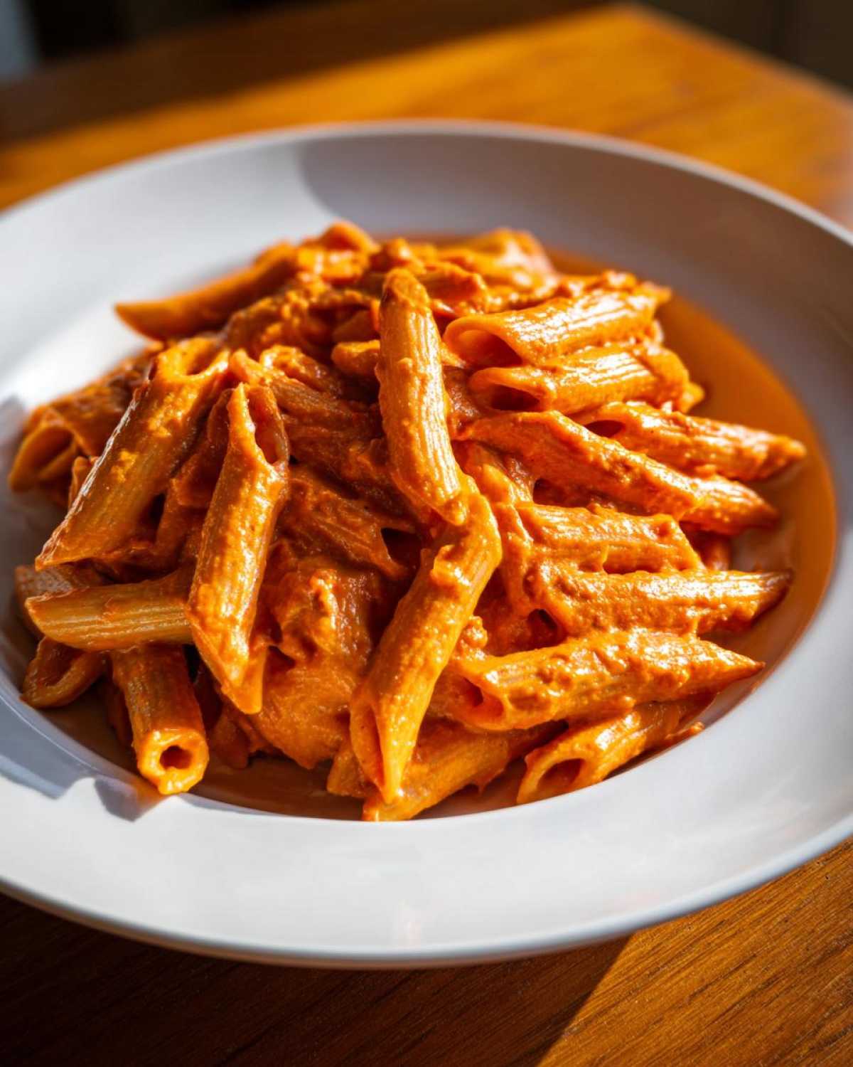 Close-up of penne pasta coated in a rich, orange Vegan Creamy Roasted Red Pepper Hummus Pasta sauce, served in a white bowl.