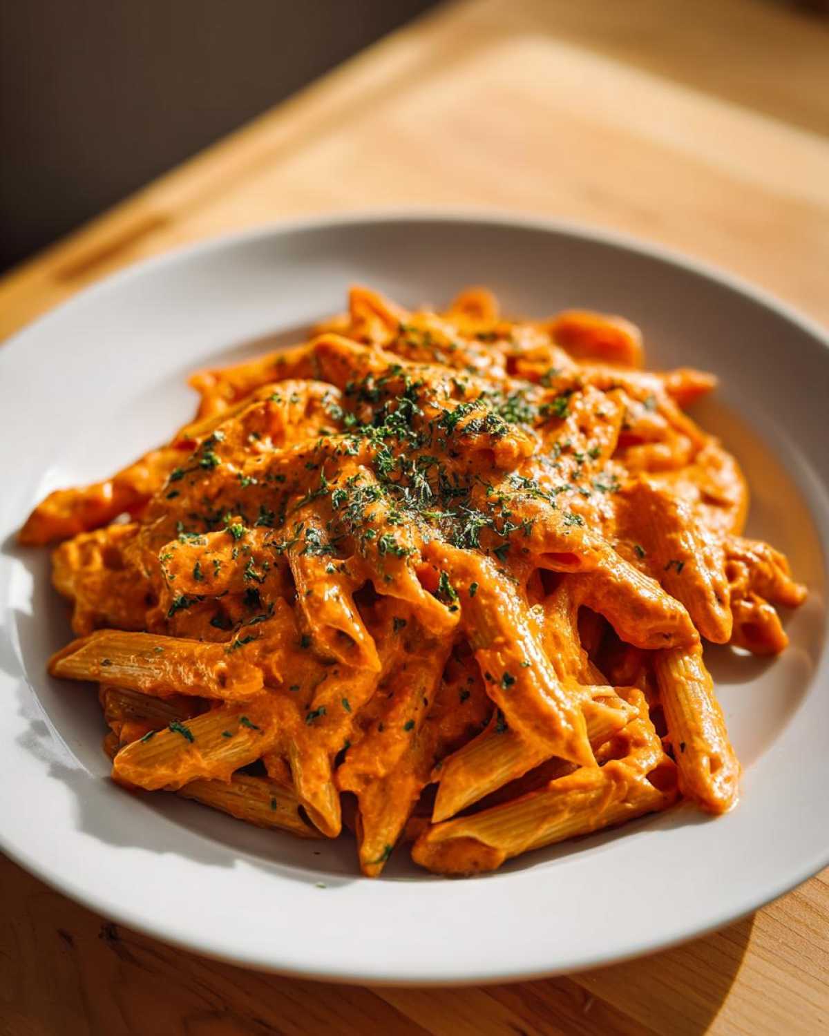 A close-up of penne pasta coated in rich, orange Vegan Creamy Roasted Red Pepper Hummus Pasta sauce, garnished with herbs.