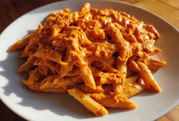 A close-up of penne pasta coated in a rich, orange Vegan Creamy Roasted Red Pepper Hummus Pasta sauce on a white plate.