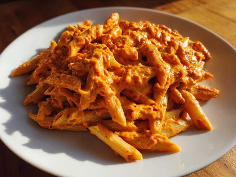 A close-up of penne pasta coated in a rich, orange Vegan Creamy Roasted Red Pepper Hummus Pasta sauce on a white plate.