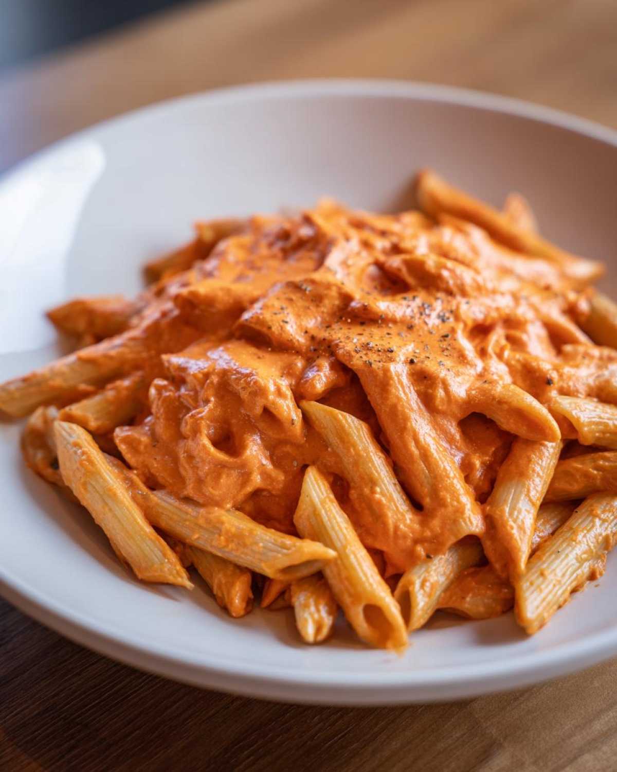Close-up of penne pasta coated in a rich, orange Vegan Creamy Roasted Red Pepper Hummus Pasta sauce, topped with pepper.