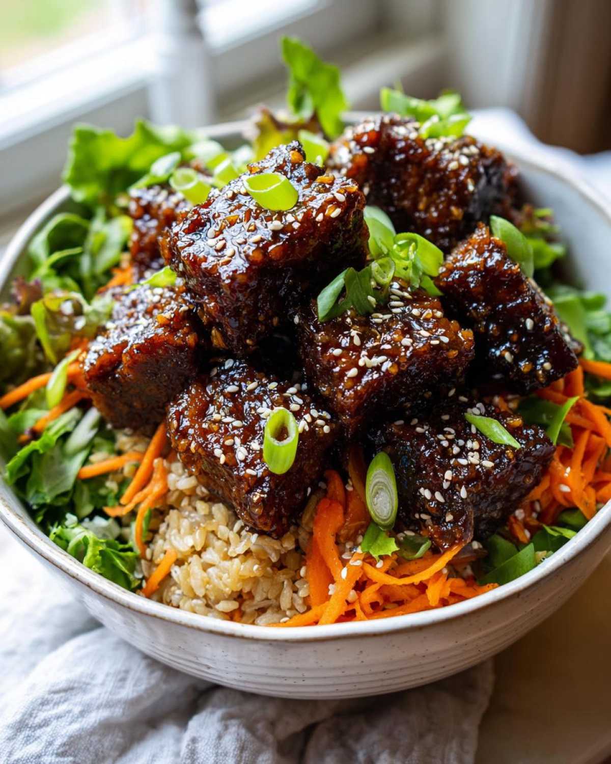 Close-up of a Vegan Crispy Sesame Tempeh Bowl featuring glazed tempeh cubes over brown rice and shredded carrots.