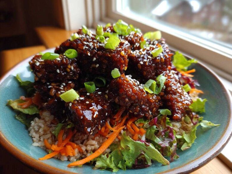 Close-up of a Vegan Crispy Sesame Tempeh Bowl featuring glazed tempeh pieces over brown rice and mixed greens.
