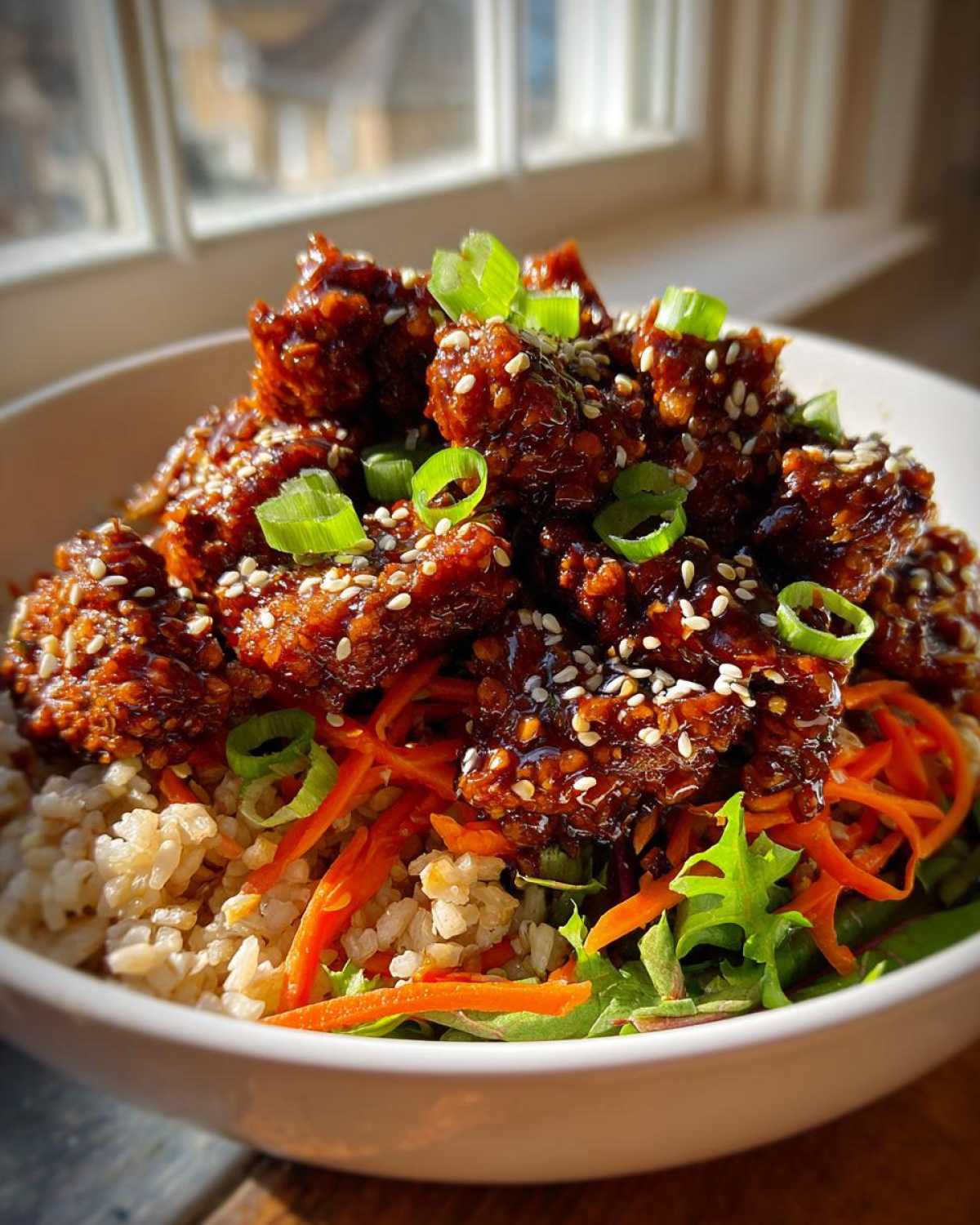 A close-up of a Vegan Crispy Sesame Tempeh Bowl featuring glazed tempeh, brown rice, shredded carrots, and green onions.