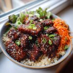 Close-up of a Vegan Crispy Sesame Tempeh Bowl featuring glazed tempeh over brown rice with shredded carrots and greens.