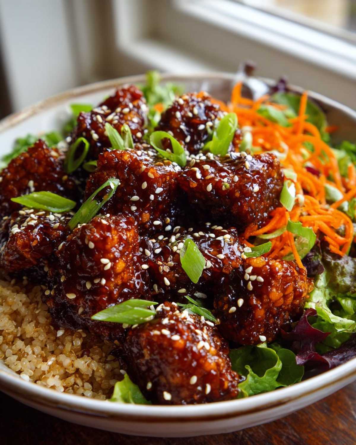 Close-up of Vegan Crispy Sesame Tempeh Bowl with glazed tempeh, quinoa, and greens.