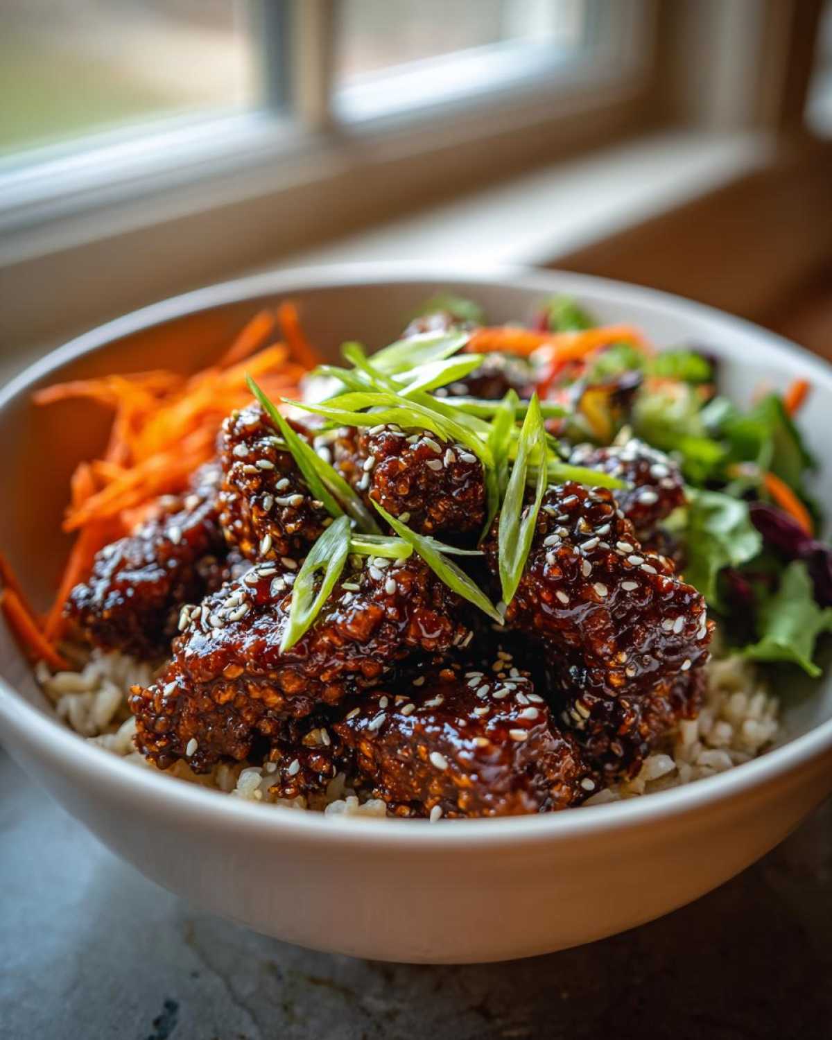 Close-up of a Vegan Crispy Sesame Tempeh Bowl with glossy tempeh, brown rice, shredded carrots, and green onions.