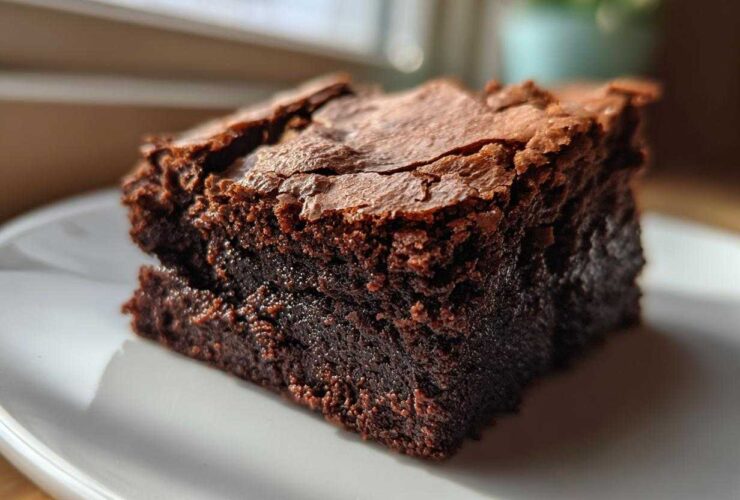 Close-up of a rich, fudgy square of Zero Sugar Brownies with Greek Yogurt on a white plate.