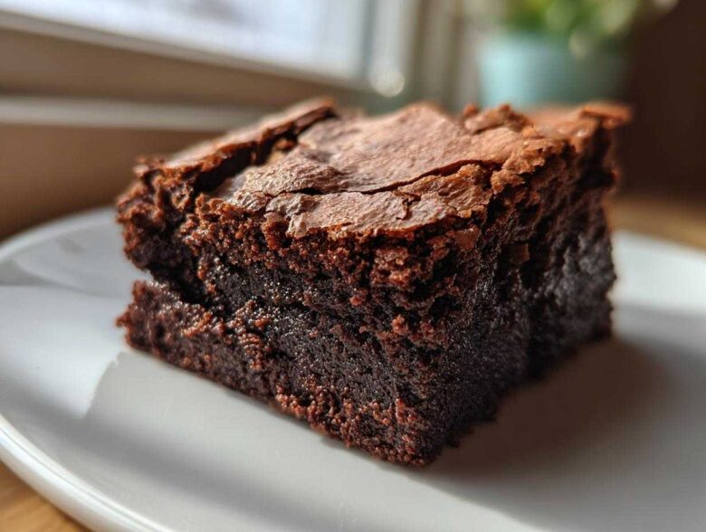 Close-up of a rich, fudgy square of Zero Sugar Brownies with Greek Yogurt on a white plate.