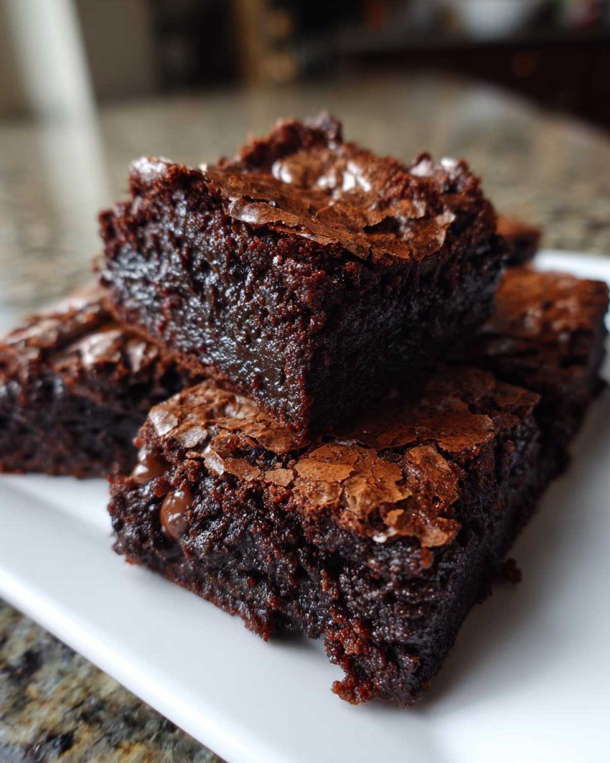 Close-up of several fudgy, dark chocolate brownies stacked on a white plate, showing a crackly top.