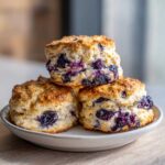Close-up of three golden-brown Blueberry Scones stacked on a small plate, showing juicy, burst blueberries inside.