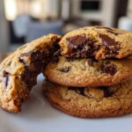 A stack of three golden brown Chocolate Chip Cookies, with the top one broken open revealing a gooey, melted chocolate center.